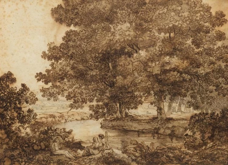Figure riposanti sotto alberi massicci vicino a un fiume